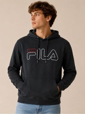 FILA Men’s Black Hoodie Sweatshirt Medium Embroidered Logo Pullover